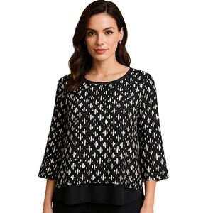Kim Rogers Blouse Top 3/4 Sleeve‎ Black White Print Round Neck Size L NWT